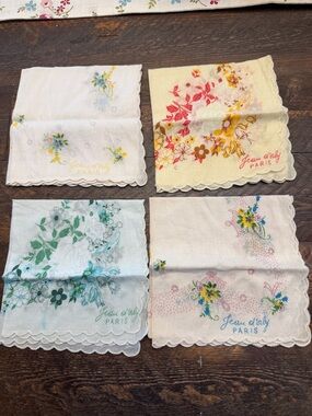 Vintage Set  Lot Of 4 Floral Handkerchief Hanky Jean d'orly Paris New 11x11" GUC
